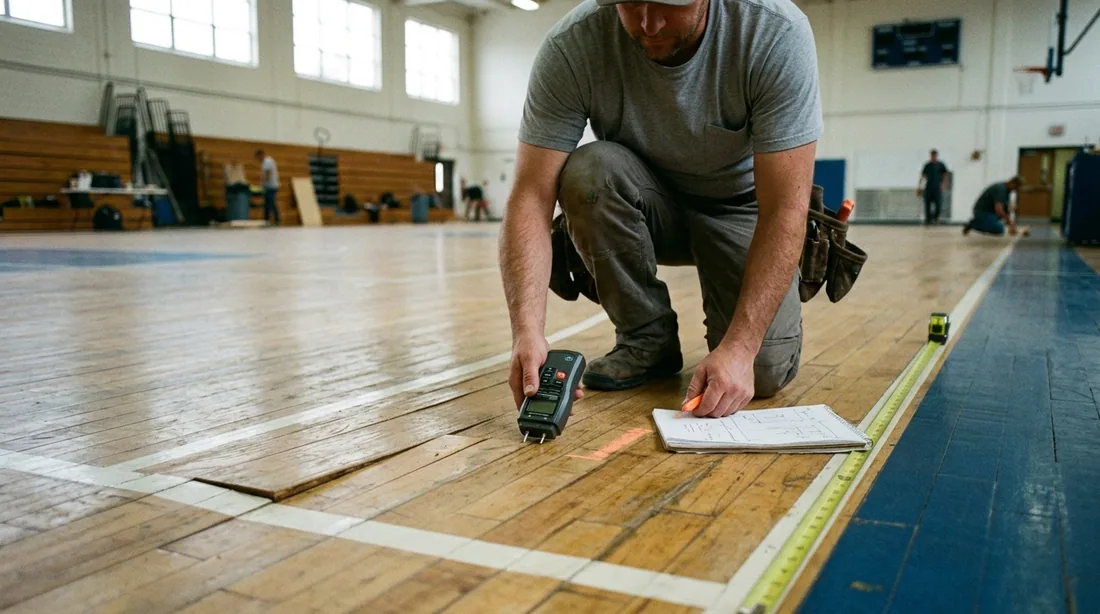 Board condition, cupping, dead spots underfoot, and subfloor moisture are checked — Fort Wayne, IN
