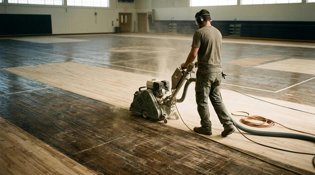 Multiple sanding passes remove all finish and surface damage, allowing board replacement, repair of — Fort Wayne, IN