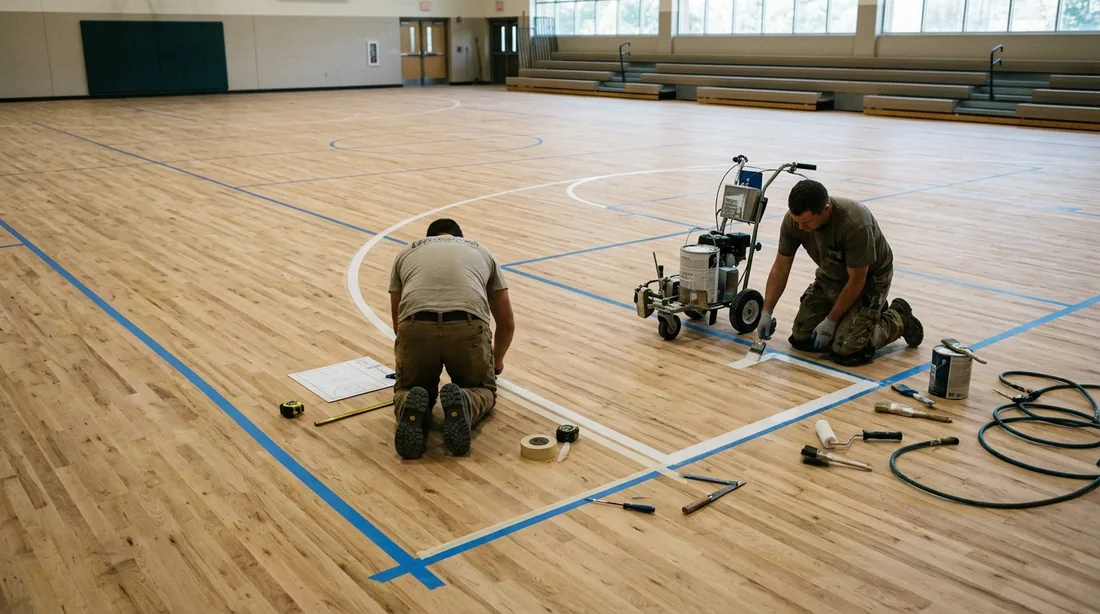 On a full sand, all lines and center-court artwork come off with the old finish and have to be laid — Fort Wayne, IN