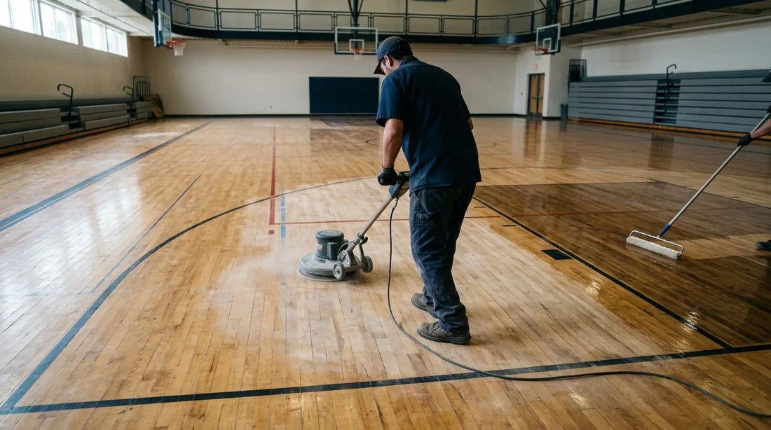 The existing finish is abraded to give a mechanical key, the floor thoroughly tacked, and one or — Fort Wayne, IN