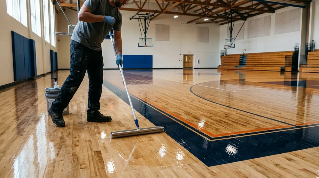 Sealer then multiple coats of gym-grade finish, either oil-modified or waterborne, applied to the — Fort Wayne, IN