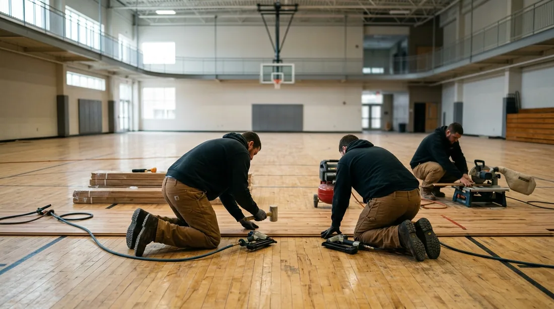 A small professional crew working on a gym floor match job at a property, seen from behind and at a — Fort Wayne, IN